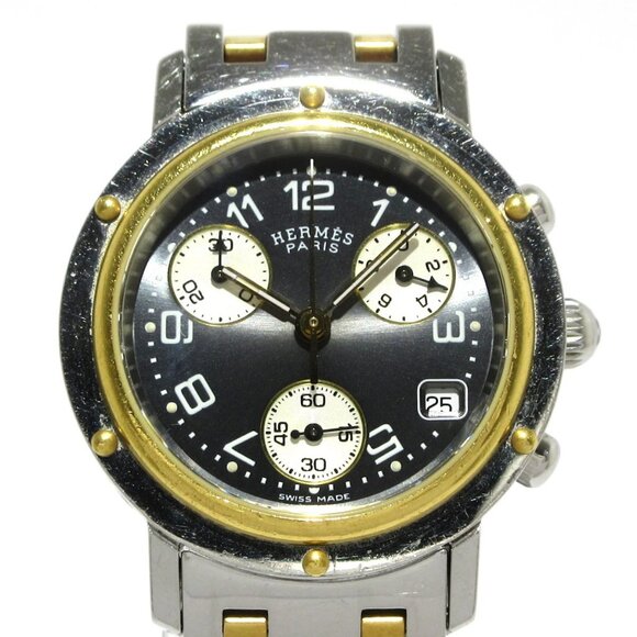 Auth HERMES Clipper Chronograph CL1.320 1****** Silver Gold Unisex Wrist Watch - Picture 1 of 12